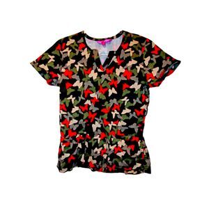 Beyond Scrubs Cotton Blend Black Butterfly Print Scrub Top Size M Fun Colorful
